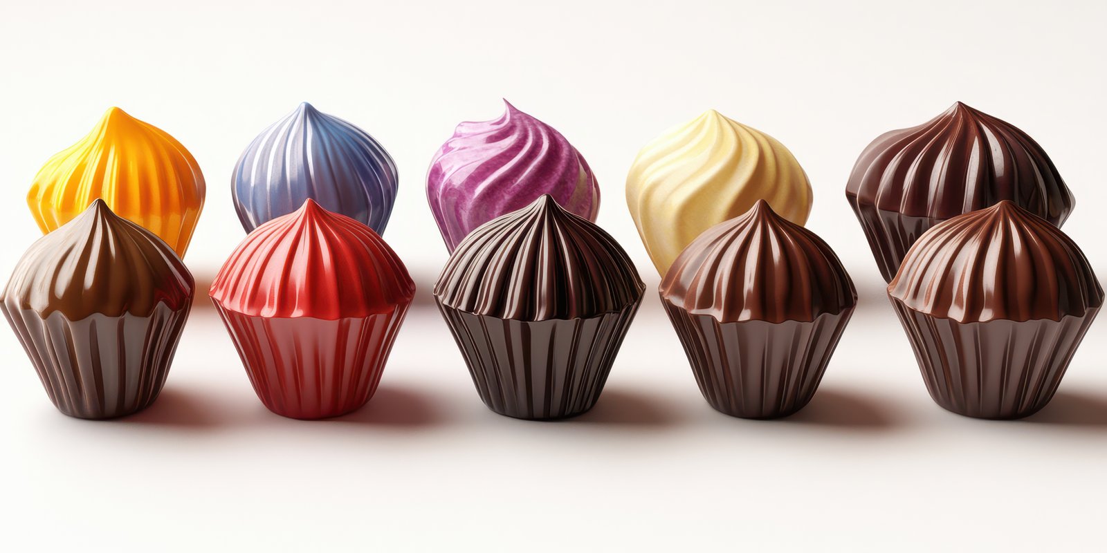 Colorful chocolate cupcakes arranged in a neat row on a clean background